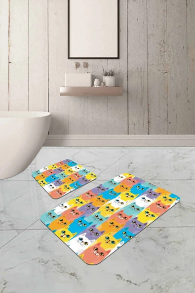 Renkli Kedili Desen Banyo Halısı Klozet Paspas Seti BS251 ürün görseli 1