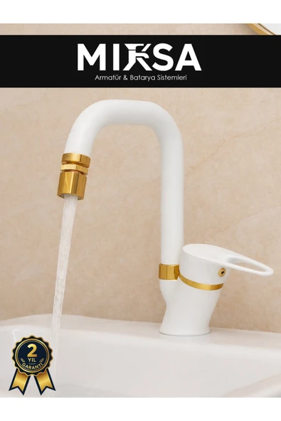 MİXSA Lüx Beyaz-Gold Köşe Borulu Oynar Başlıklı Perlatörlü Banyo Lavabo Bataryası, ÇiftSuGirişli ürün görseli 1