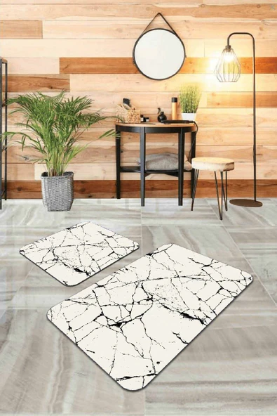 Ekru Mermer Görünümlü Banyo Halısı Klozet Paspas Seti BS321 ürün görseli 1