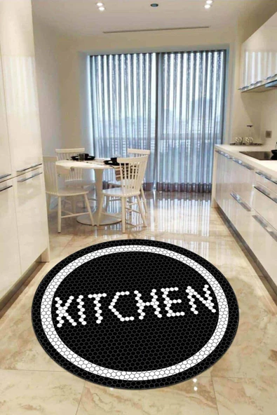 Siyah Kaymaz Kitchen Yazılı Yuvarlak Mutfak Halısı AR544 ürün görseli 1