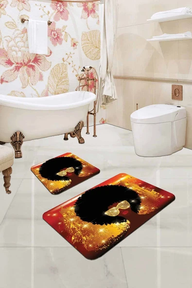 Turuncu Etnik Desen Banyo Halısı Klozet Paspas Seti BS228 ürün görseli 1