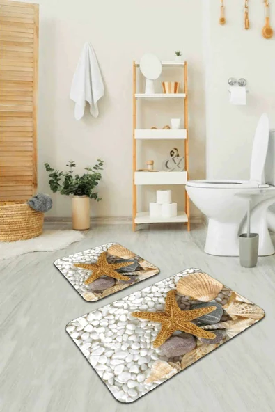 Bej Deniz Kabuklu Banyo Halısı Klozet 2'li Paspas Seti BS209 ürün görseli 1