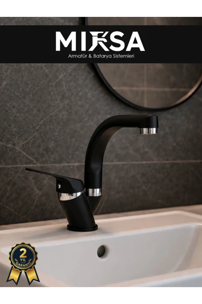 MİXSA Siyah-Krom Balıksırtı Borulu Banyo Lavabo Bataryası, Musluğu, Çift Su Girişli ürün görseli 1