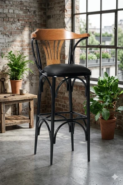 EFON Bar Sandalyesi Siyah-Kahve-T169/75 (Oturma Yüksekliği 75cm) Metal İskelet Ahşap Kolçak ürün görseli 1