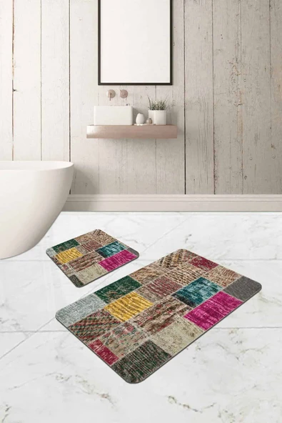 Renkli Patchwork Banyo Halısı Klozet 2'li Paspas Seti BS294 ürün görseli 1