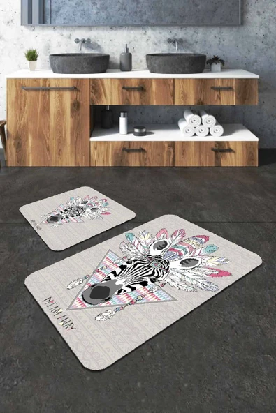 Gri Hayvan Temalı Banyo Halısı Klozet 2'li Paspas Seti BS310 ürün görseli 1