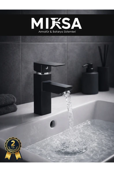 MİXSA Siyah Kare Sabit Banyo Lavabo Musluğu Bataryası ürün görseli 1