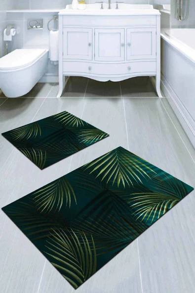 Yeşil Yaprak Desenli Banyo Halısı Klozet Paspas Seti BS049 ürün görseli 1