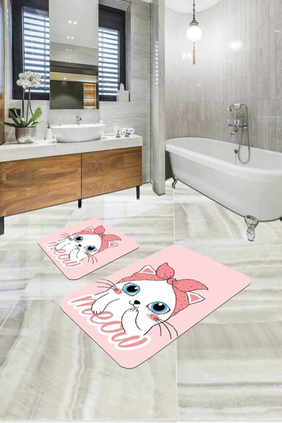 Pembe Kedi Desenli Banyo Halısı Klozet Paspas Seti BS261 ürün görseli 1