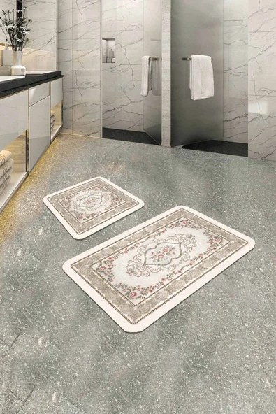 Bej Modern Klasik Banyo Halısı Klozet 2'li Paspas Seti BS277 ürün görseli 1