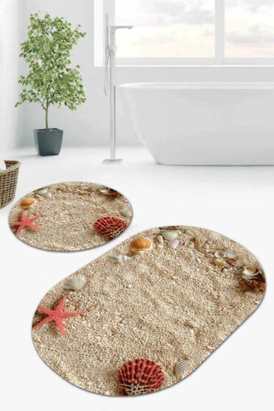 Bej Deniz Kabuklu Banyo Halısı Klozet Oval Paspas Seti BS083 ürün görseli 1