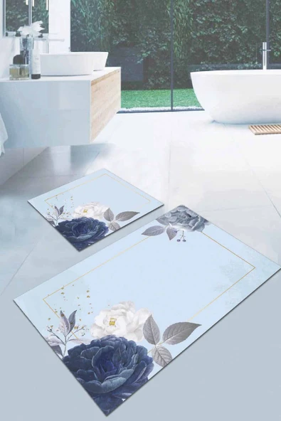Eflatun Çiçek Temalı Banyo Halısı Klozet Paspas Seti BS007 ürün görseli 1