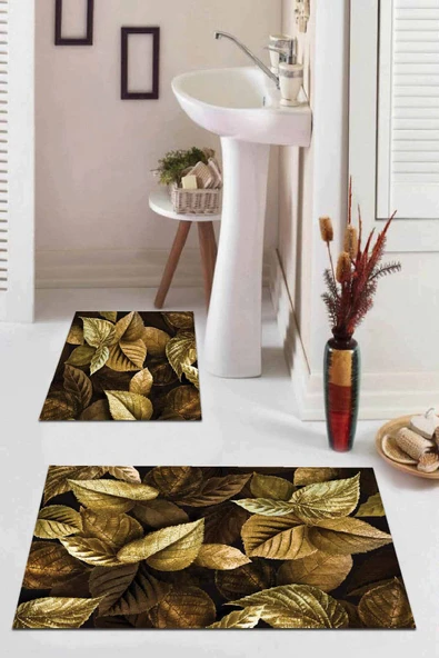 Gold Yaprak Desenli Banyo Halısı Klozet Paspas Seti BS044 ürün görseli 1