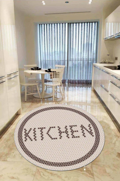 Bej Kaymaz Taban Kitchen Yazılı Yuvarlak Mutfak Halısı AR545 ürün görseli 1
