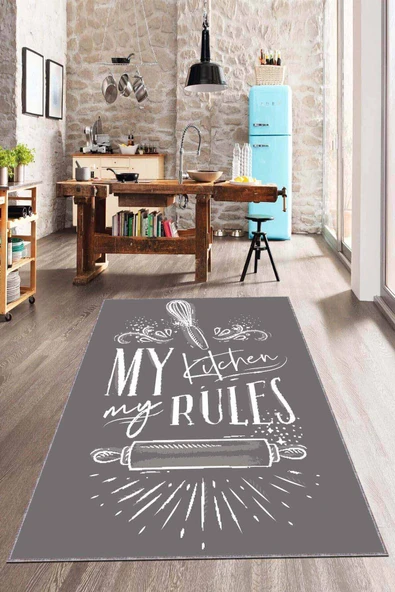 Gri Kaymaz Tabanlı My Kitchen My Rules Mutfak Halısı AR812 ürün görseli 1