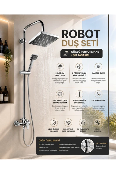 MİXSA Premium Lüx Krom Robot Duş Seti Fonksiyonlu Paslanmaz Çelik Kaliteli Malzeme Yağmurlama Kare Tepe Duş Seti ürün görseli 1