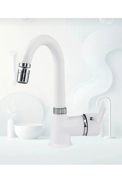 BDL ARMATÜR BEYAZ KISA BORULU LAVABO BATARYASI OYNAR PERLATÖRLÜ ürün görseli 1