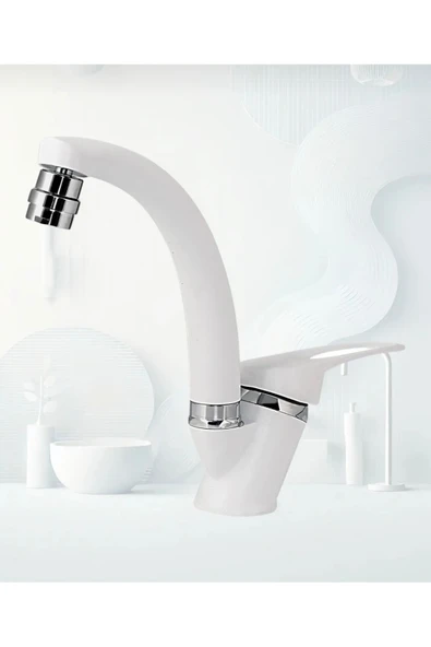 BDL ARMATÜR BEYAZ MİX OYNAR BAŞLIKLI LAVABO BATARYASI ÇİFT SU GİRİŞLİ ÇEŞME BANYO MUSLUĞU ÇEŞMESİ ürün görseli 1