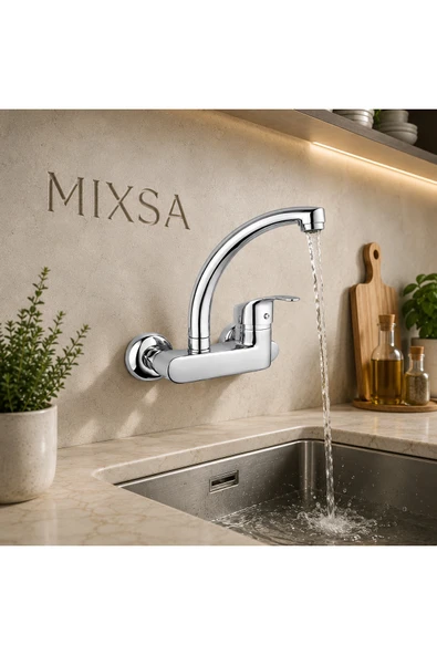MİXSA Lüx Duvardan Çift Su Girişli Mutfak-Banyo Lavabo Bataryası Çeşmesi Musluğu ürün görseli 1