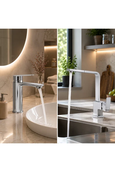 MİXSA Krom Lüx Premium 2'li Set Banyo Lavabo Bataryası ve Kare Mutfak Bataryası Şık Tasarım Özgün Model Batarya ürün görseli 1