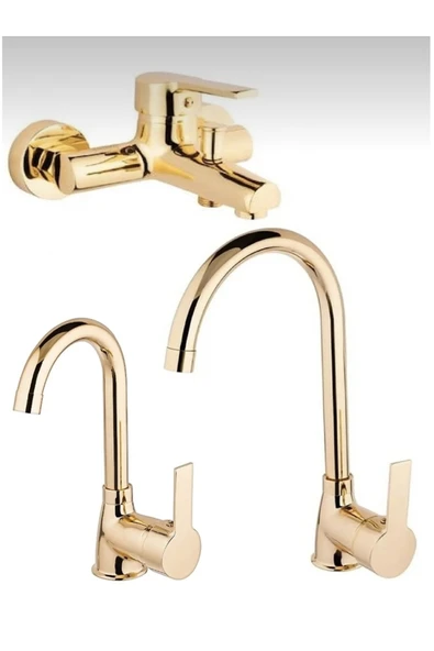 BDL ARMATÜR KCA GOLD ALTIN MUTFAK EVİYE, LAVABO VE BANYO BATARYASI MUSLUĞU ÇEŞMESİ ÇİFT SU GİRİŞLİ 3’LÜ SET ürün görseli 1