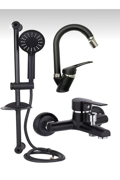 BDL ARMATÜR Siyah Fonkaiyonlu Sürgülü Duş,oynar Başlıklı Lavabo,banyo Bataryası Musluğu Çeşmesi 3’lü Set ürün görseli 1