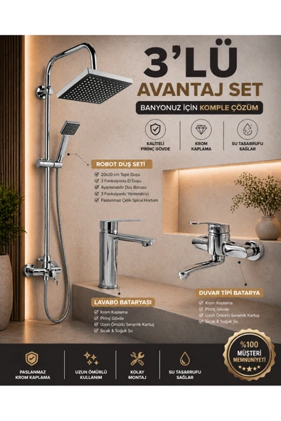 MİXSA Krom Lüx 3'lü Set Robot Duş Seti Çift Su Girişli Mutfak Bataryası ve Sabit Lavabo Bataryası Modern Tasarım Avantajlı Set ürün görseli 1
