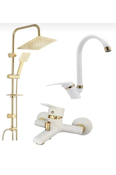 BDL ARMATÜR KCA BEYAZ GOLD ROBOT DUŞ SETİ LAVABO BANYO BATARYASI 3’LÜ SET TAKIM ürün görseli 1