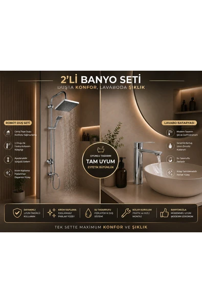 MİXSA LÜX Premium Krom Robot Duş Seti Sabit Lavabo Bataryası 2'li Avantaj Seti Modern Tasarım ürün görseli 1