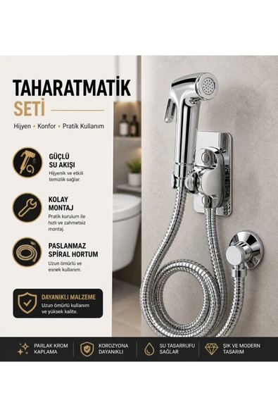 MİXSA Krom Hortumlu Taharetmatik Musluk Tabancalı Musluk Seti Klozet Temizleyici Klozet Seti ürün görseli 1