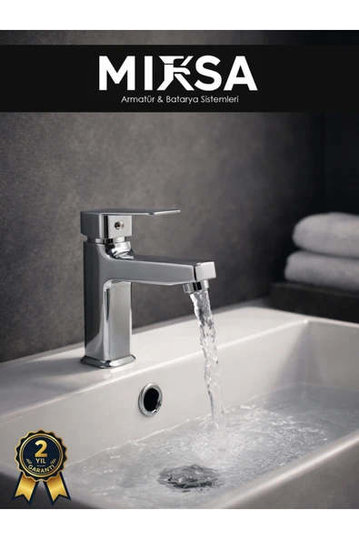 MİXSA Krom Kare Sabit Banyo Lavabo Musluğu Bataryası ürün görseli 1