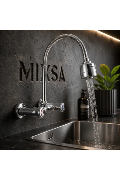 MİXSA Lüx Premium Klasik Duvardan Çevirmeli Mutfak Bataryası Çift Su Girişli Fonksiyonlu Başlıklı Batarya ürün görseli 1