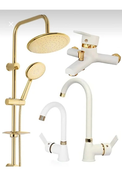 BDL ARMATÜR Altın Gold Robot Set,beyaz Gold Banyo,lavabo,mutfak Eviye Musluğu Bataryası 4’lü Set ürün görseli 1