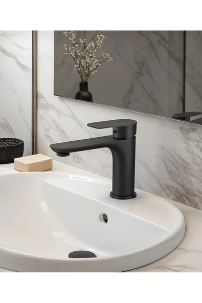MİXSA SİYAH SABİT GÖVDE BANYO BATARYASI LAVABO MUSLUĞU ürün görseli 1