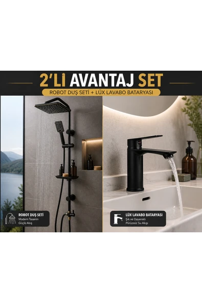 MİXSA Lüx Siyah Tepe Yağmurlama Robot Duş Seti Siyah Lavabo Bataryası 2'li Avantaj Set Modern Tasarım Set ürün görseli 1