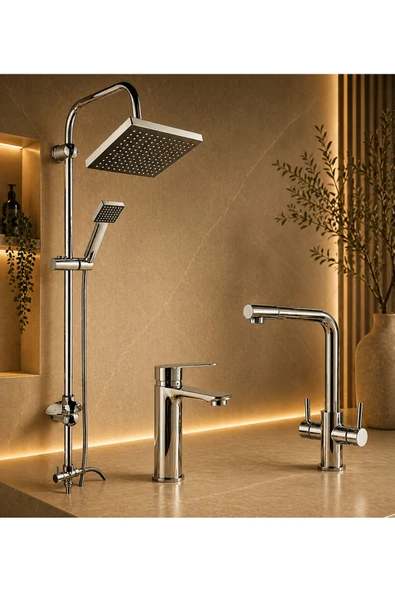 MİXSA Lüx Premium Krom 3'lü Set Robot Duş Seti Sabit Lavabo 3 Yollu Arıtma Musluğu Çeşmesi Bataryası Banyo Mutfak Seti ürün görseli 1