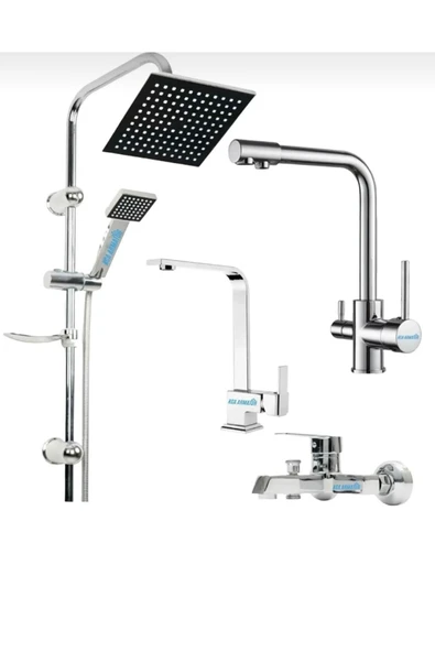 BDL ARMATÜR 3 GİRİŞLİ MUTFAK LÜX KARE LAVABO LÜX KARE BANYO ROBOT DUŞ 4’LÜ MUSLUK BATARYA SETİ ürün görseli 1