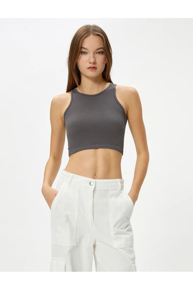 Basic Crop Atlet Yuvarlak Yaka Ribanalı - Resim 3