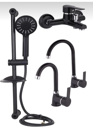 BDL ARMATÜR Siyah Krom Sürgülü Duş, Mutfak, Banyo, Lavabo 4'lü Set ürün görseli 1