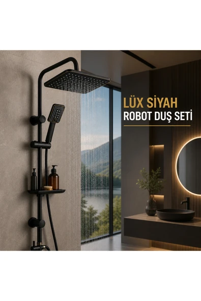 MİXSA Lüx Premium Siyah Robot Duş Seti Tepe Yağmurlama El Duşu Kare Siyah Robot Set ürün görseli 1