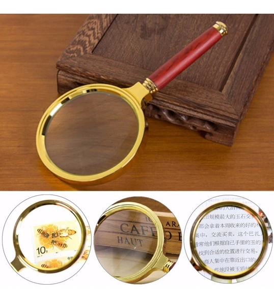 9 Cm Gold Dekoratif El Tipi Büyüteç 10x Büyütme 90mm Cerçeveli Tutma Saplı Okuma Tamir Büyüteçi 17cm ürün görseli 1