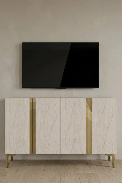 KA1298BTG ANKA Konsol ve Tv Sehpası Beyaz-Traverten-Gold 120cm ürün görseli 1
