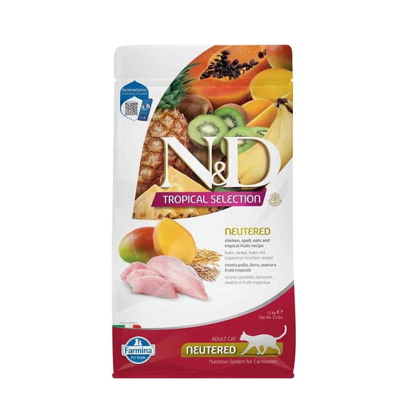 N&D Tropical Selection Düşük Tahıllı Tavuklu ve Tropikal Meyveli Kısırlaştırılmış Kedi Maması 1,5 kg ürün görseli 1