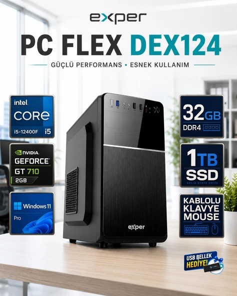Exper PC Flex DEX124 İntel Core i5-12400F 32 GB DDR4 1 TB SSD Nvidia Geforce GT710 2 GB Windows 11 Pro Masaüstü Bilgisayar DEX124RNP05 ürün görseli 1