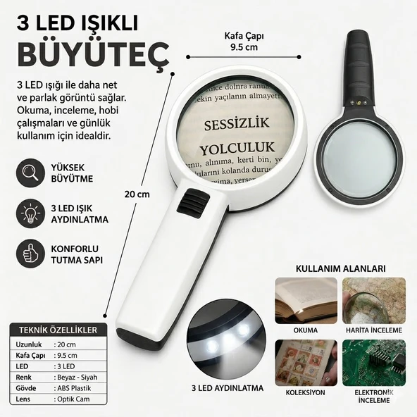 3 Ledli 10x95mm Işıklı Mercekli El Büyüteci Okuma Tamir Kitap Çalışma İçin Işıklı Büyüteç Okul ürün görseli 1