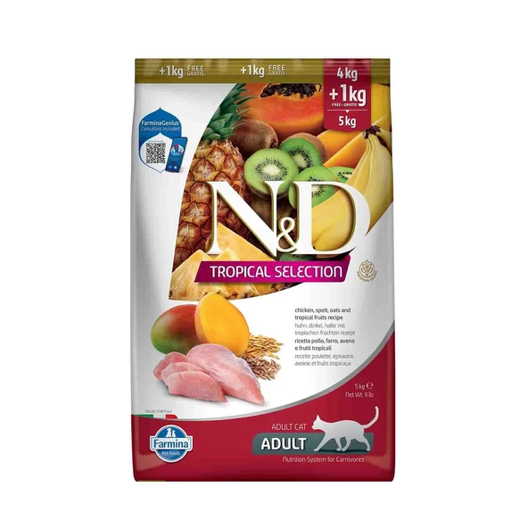 N&D Tropical Selection Düşük Tahıllı Tavuklu ve Tropikal Meyveli Yetişkin Kedi Maması 4 + 1 kg Hediyeli! ürün görseli 1