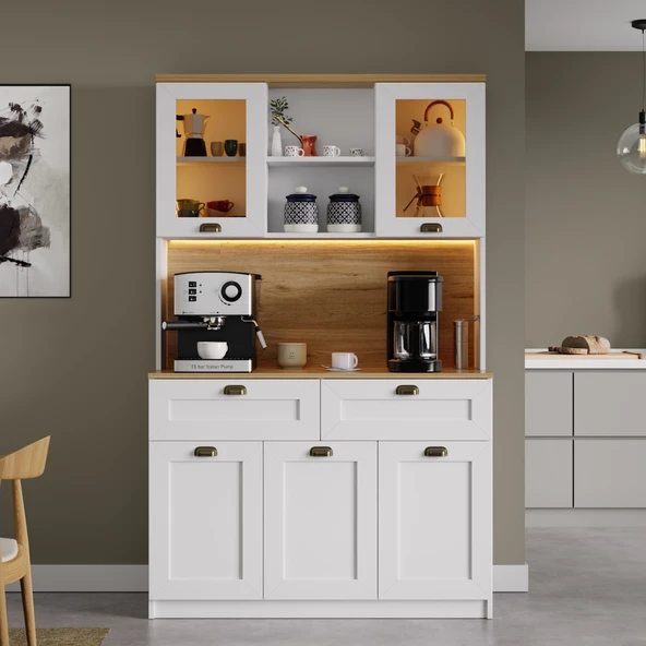 Vionna Kahve Köşesi - Cam Kapaklı, LED Aydınlatmalı, Çok Amaçlı Modern Mutfak Dolabı 120CM ürün görseli 1