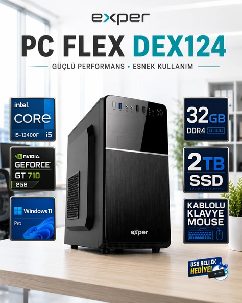 Exper PC Flex DEX124 İntel Core i5-12400F 32 GB DDR4 2 TB SSD Nvidia Geforce GT710 2 GB Windows 11 Pro Masaüstü Bilgisayar DEX124RNP06 ürün görseli 1