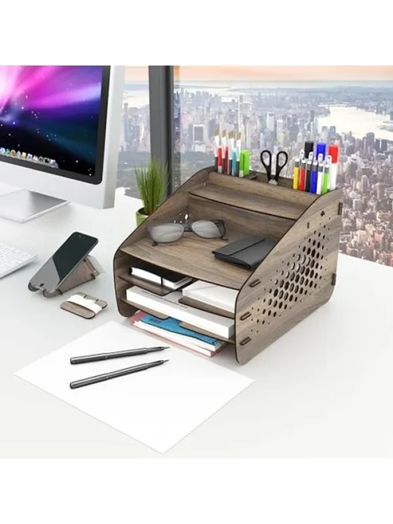 Ceviz Renk Masaüstü Organizer - Medium Hexa - Resim 2