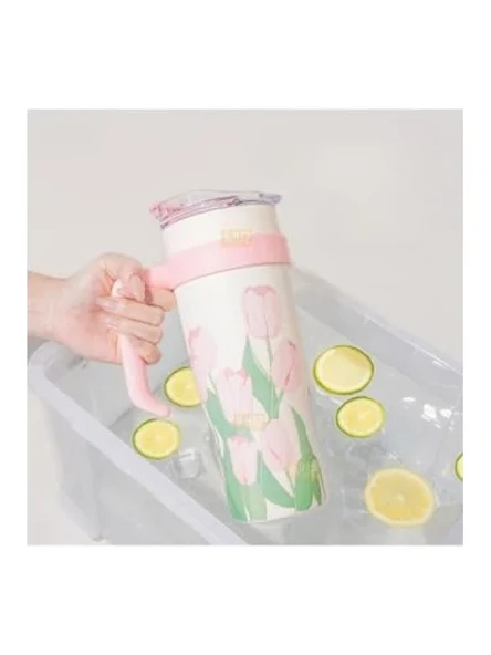 Pembe Lale Desenli Paslanmaz Çelik Termos - 1200ml - Resim 3